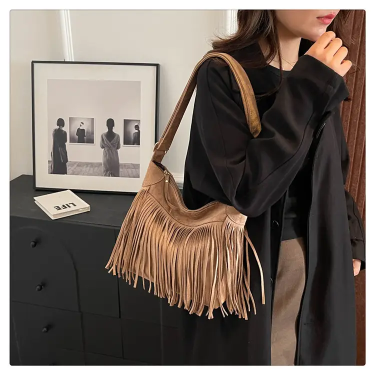 Women's Frosted Tassel Shoulder Bag Brown New Arrival — feature 30