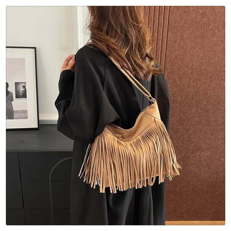 Women's Frosted Tassel Shoulder Bag Brown New Arrival — feature 32