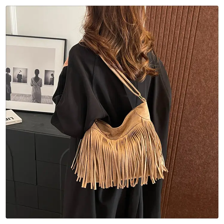 Women's Frosted Tassel Shoulder Bag Brown New Arrival — feature 33
