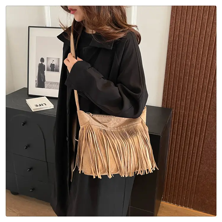 Women's Frosted Tassel Shoulder Bag Brown New Arrival — feature 35