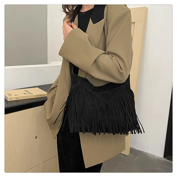Women's Frosted Tassel Shoulder Bag Brown New Arrival — feature 39