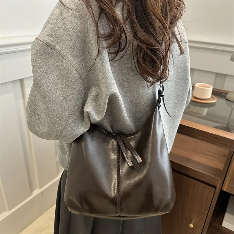 Black Textured Shoulder Tote Bag with Charm - Image 8