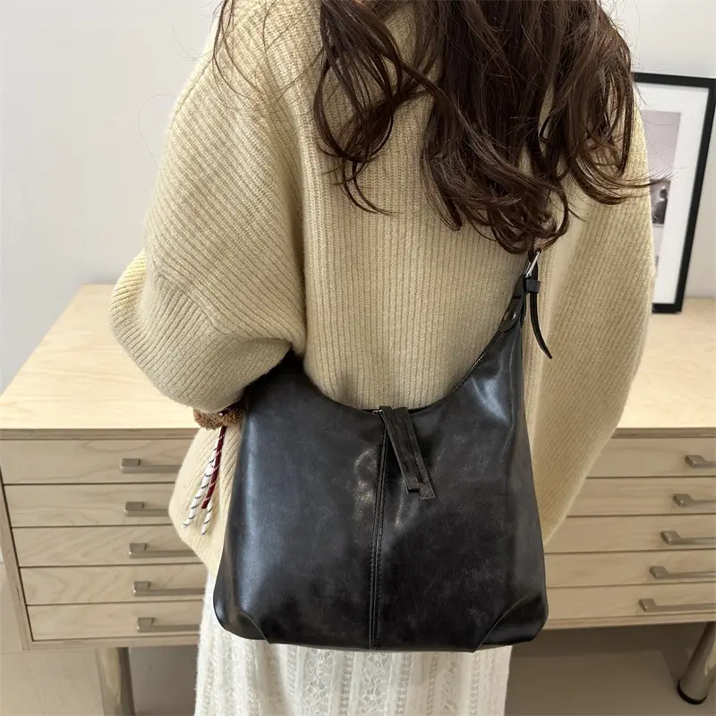 Black Textured Shoulder Tote Bag with Charm - Image 9