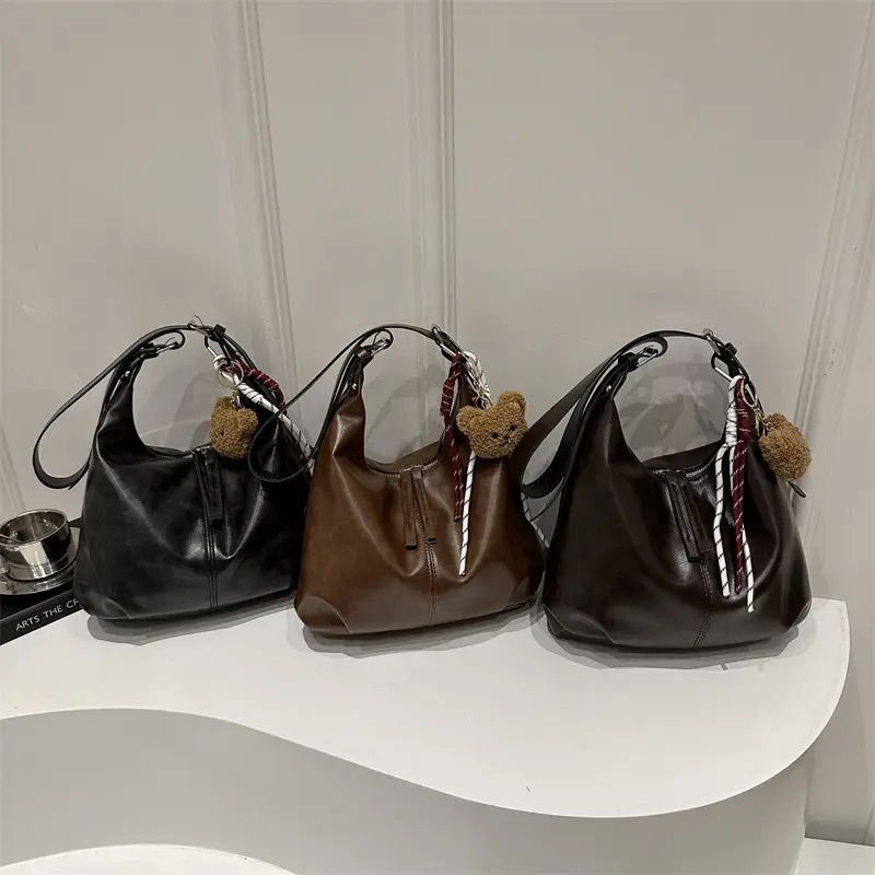 Black Textured Shoulder Tote Bag with Charm - Image 10