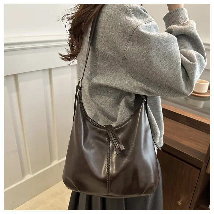 Black Textured Shoulder Tote Bag with Charm — feature 15