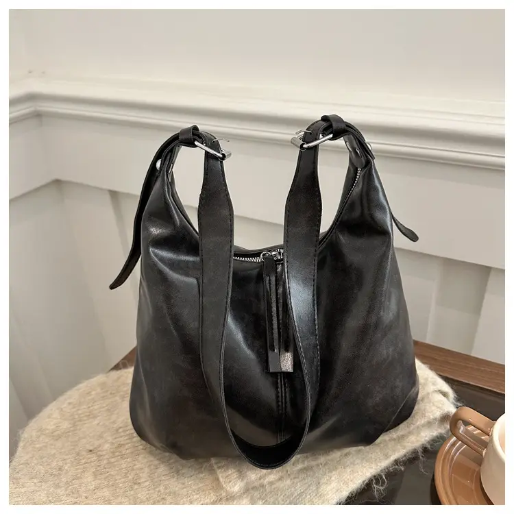 Black Textured Shoulder Tote Bag with Charm — feature 17