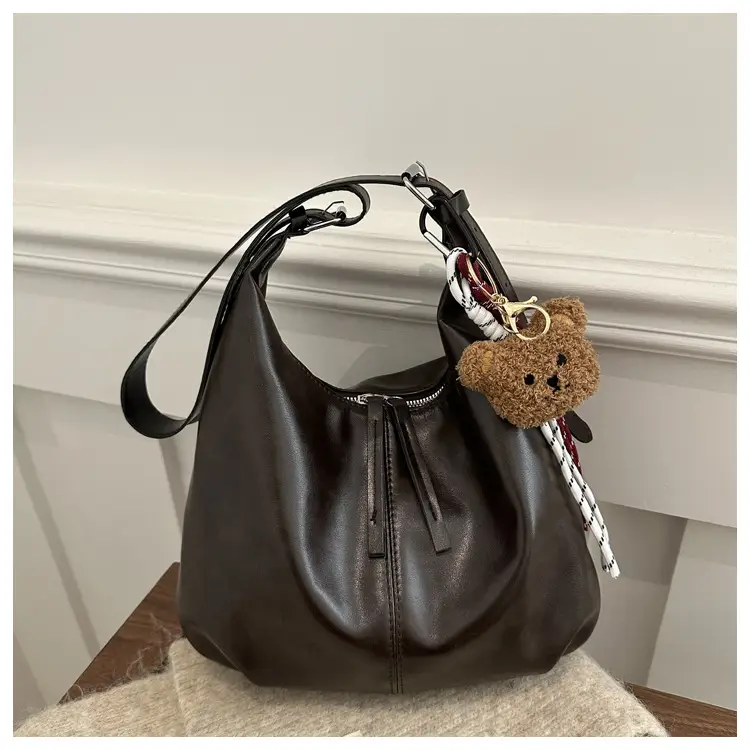 Black Textured Shoulder Tote Bag with Charm — feature 18