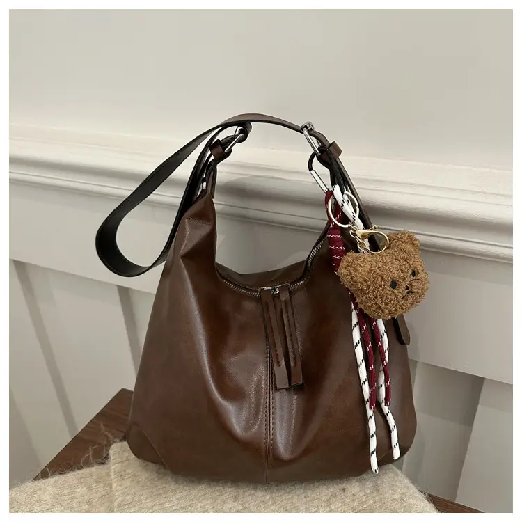 Black Textured Shoulder Tote Bag with Charm — feature 20