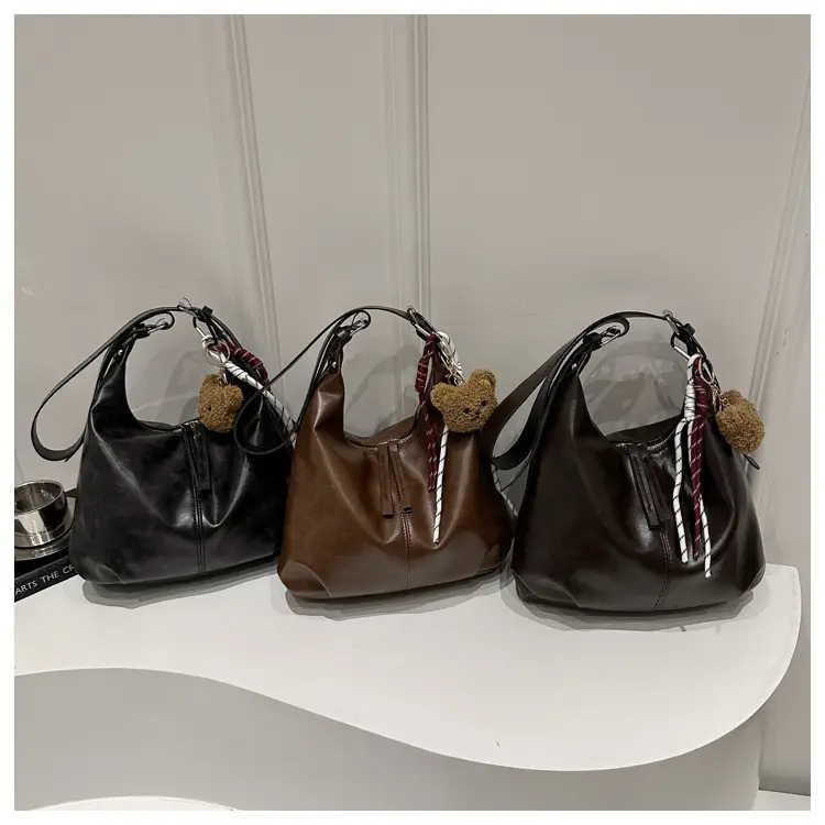Black Textured Shoulder Tote Bag with Charm — feature 22