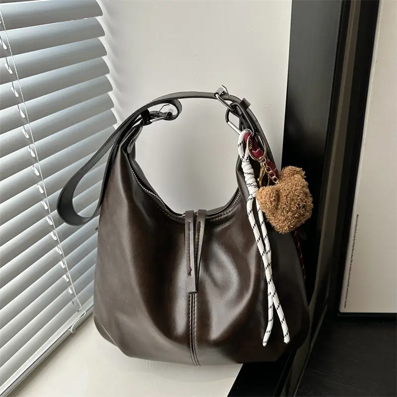 Black Textured Shoulder Tote Bag with Charm - Image 2