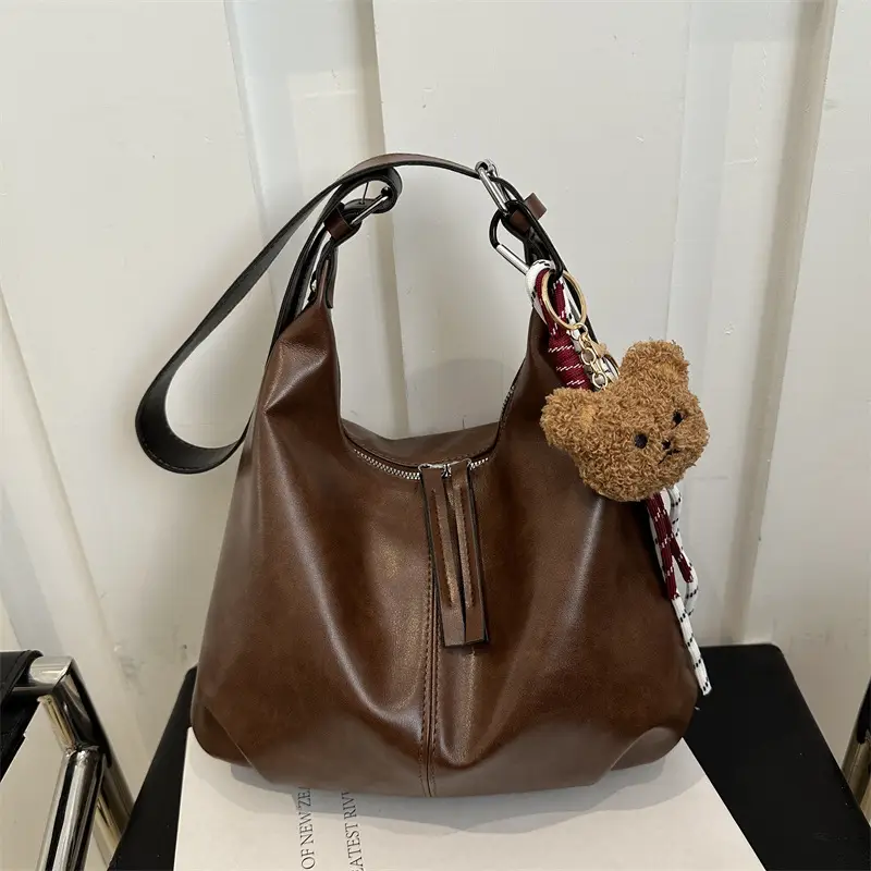 Black Textured Shoulder Tote Bag with Charm - Image 3
