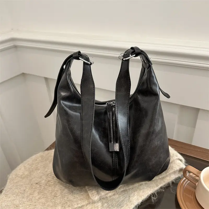 Black Textured Shoulder Tote Bag with Charm - Image 4