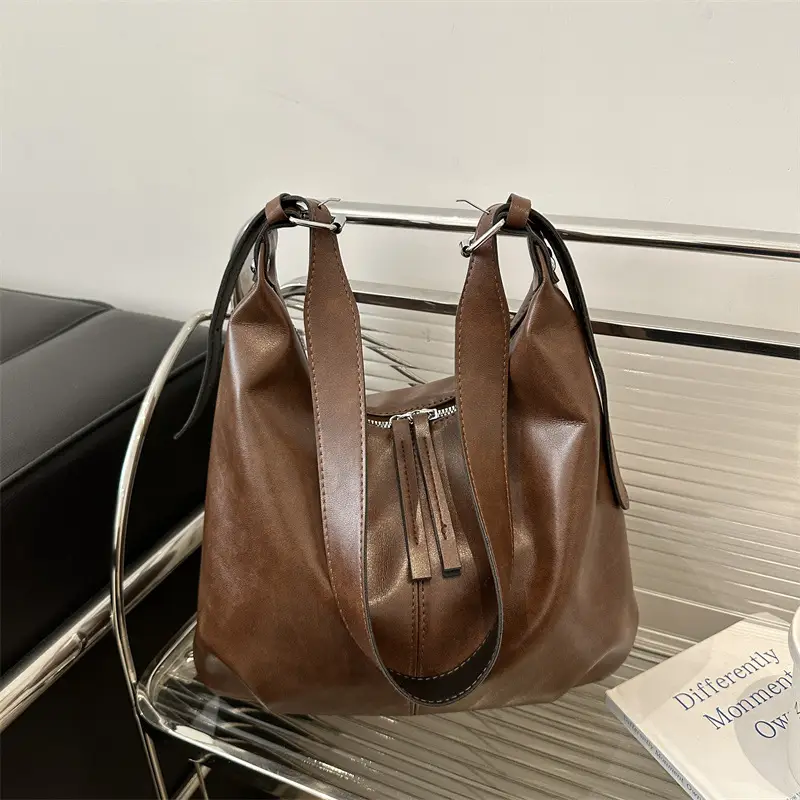 Black Textured Shoulder Tote Bag with Charm - Image 6