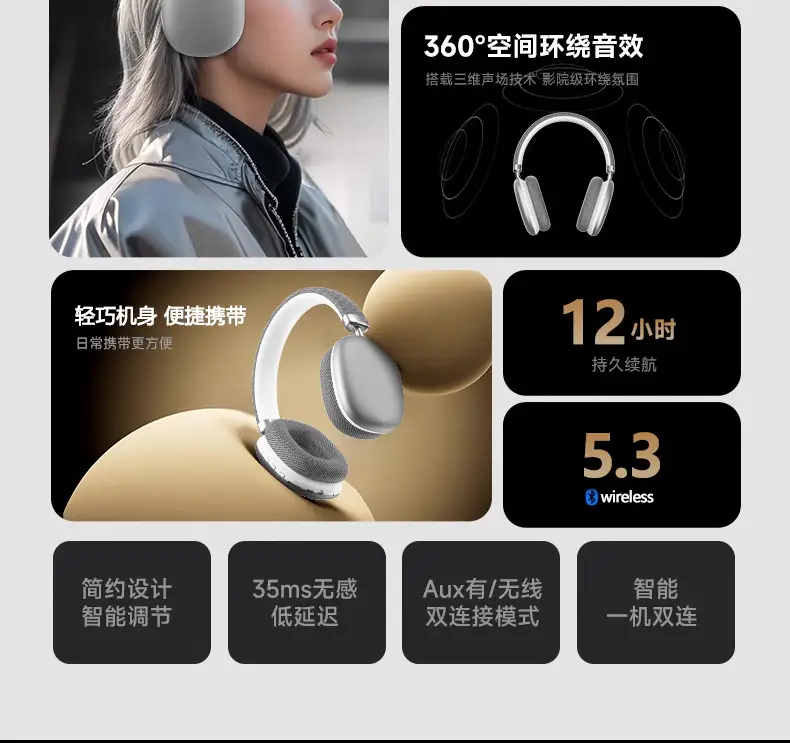 P958 Bluetooth Over Ear Headphones Silver 360° Sound — feature 6