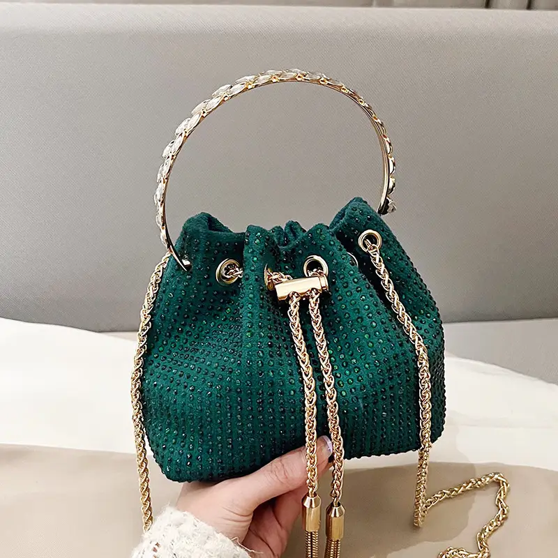 Green Textured Diamond Chain Bucket Bag for Women