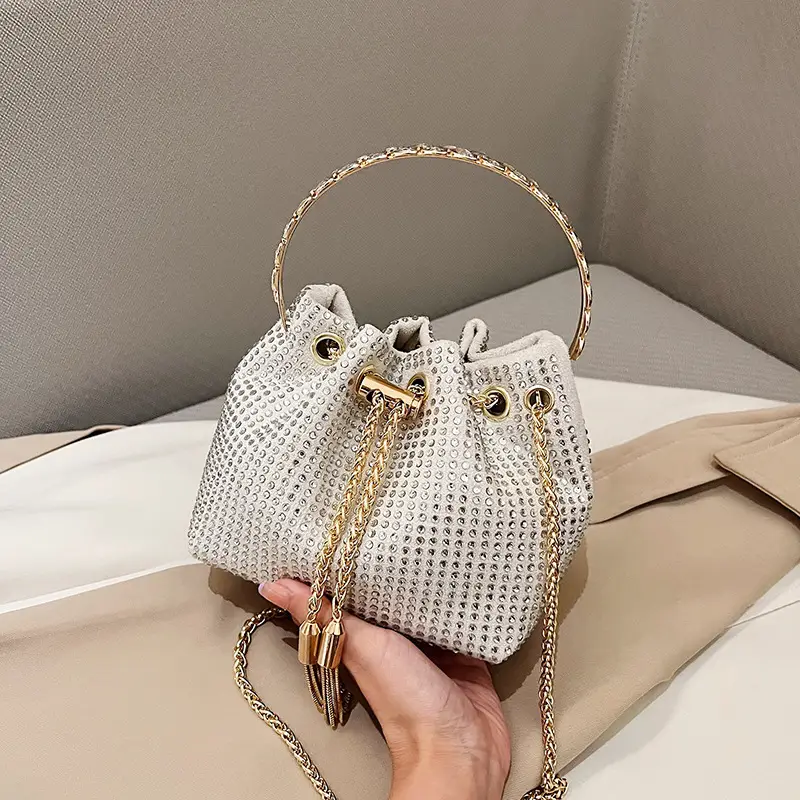 Green Textured Diamond Chain Bucket Bag for Women