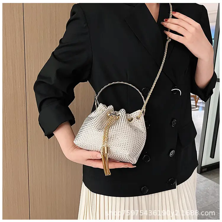 Green Textured Diamond Chain Bucket Bag for Women — feature 17