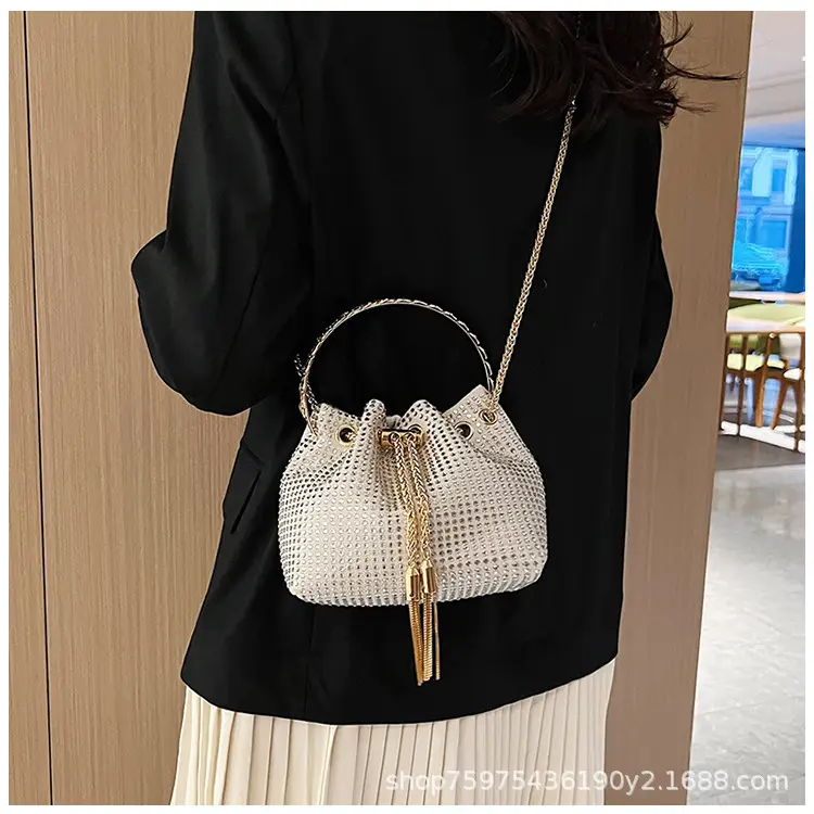 Green Textured Diamond Chain Bucket Bag for Women — feature 19