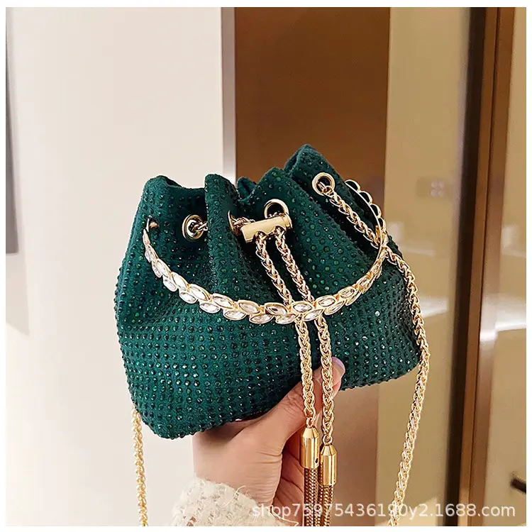 Green Textured Diamond Chain Bucket Bag for Women — feature 31