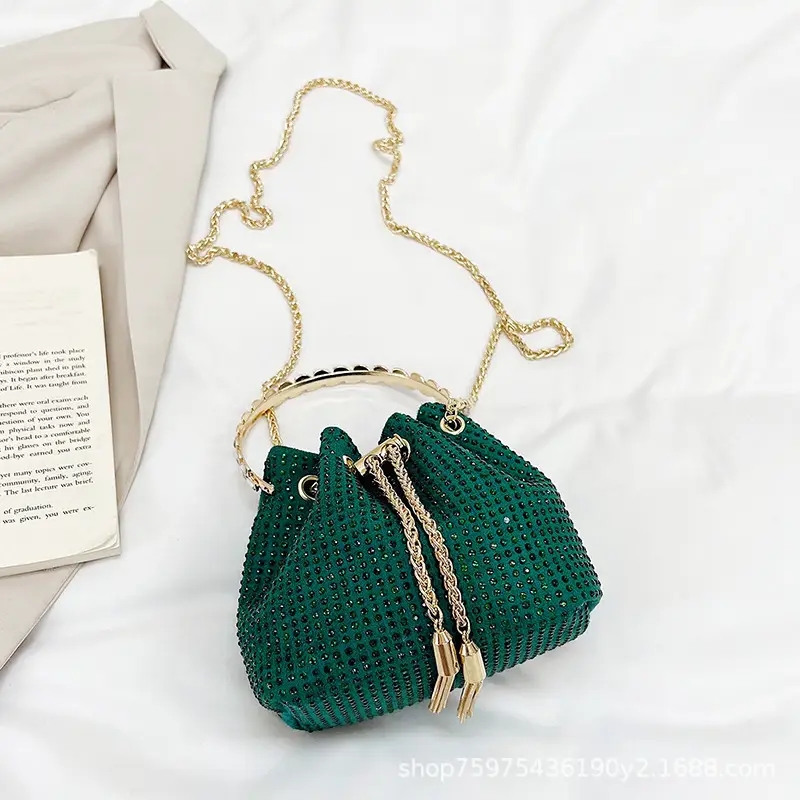 Green Textured Diamond Chain Bucket Bag for Women