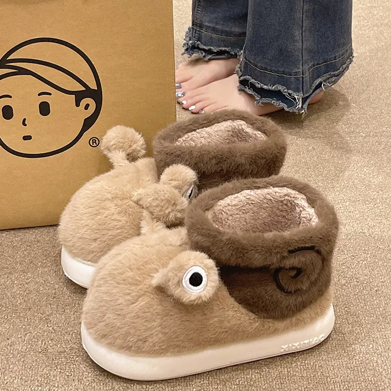 High-Top Cotton Shoes for Women, New Winter Cross-Border Style, Cute Snail Design, Fleece-Lined, Thickened, Warm, Couple's Outdoor Short Cotton Boots