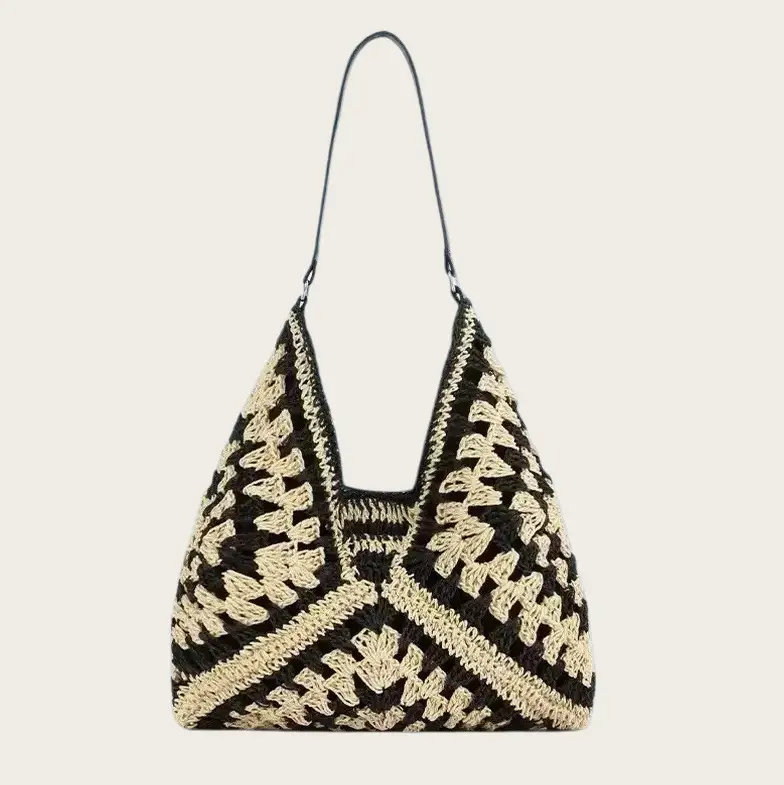 Hollow Square Flower Straw Woven Bag Black Gold
