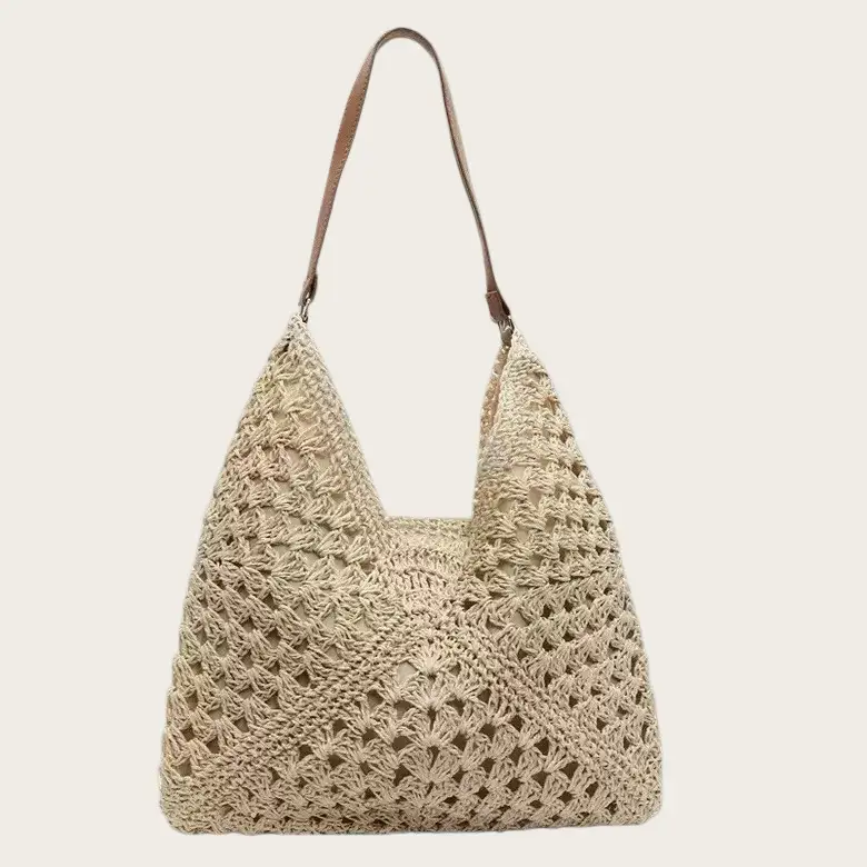 Hollow Square Flower Straw Woven Bag Black Gold