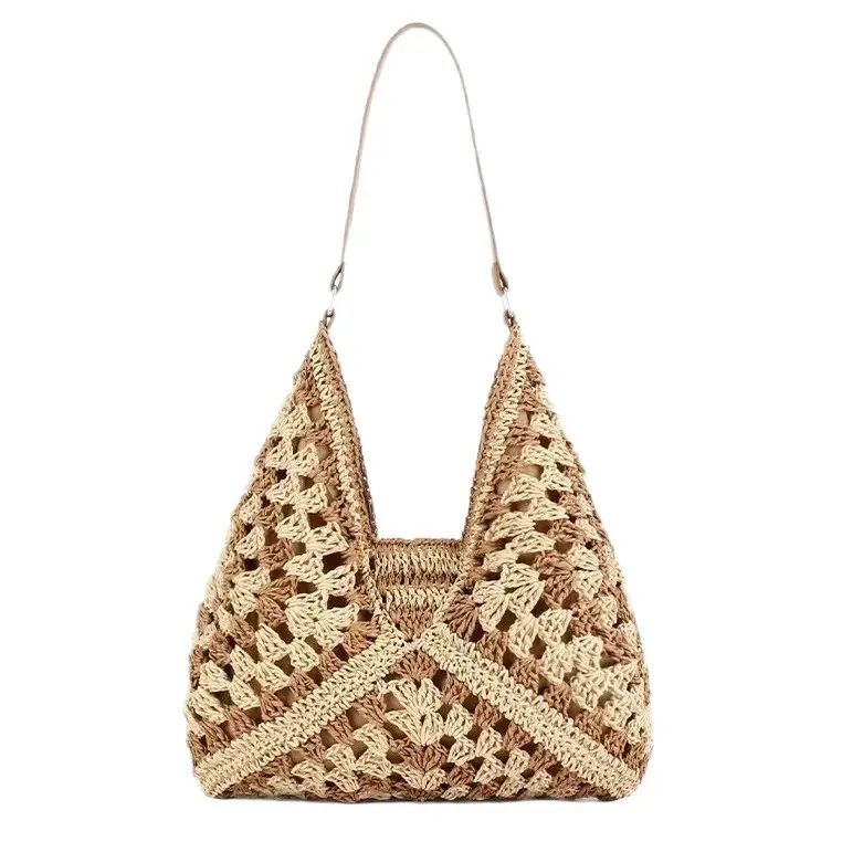 Hollow Square Flower Straw Woven Bag Black Gold