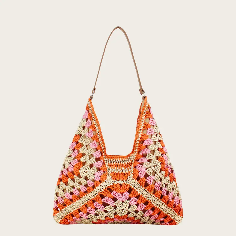 Hollow Square Flower Straw Woven Bag Black Gold — feature 9