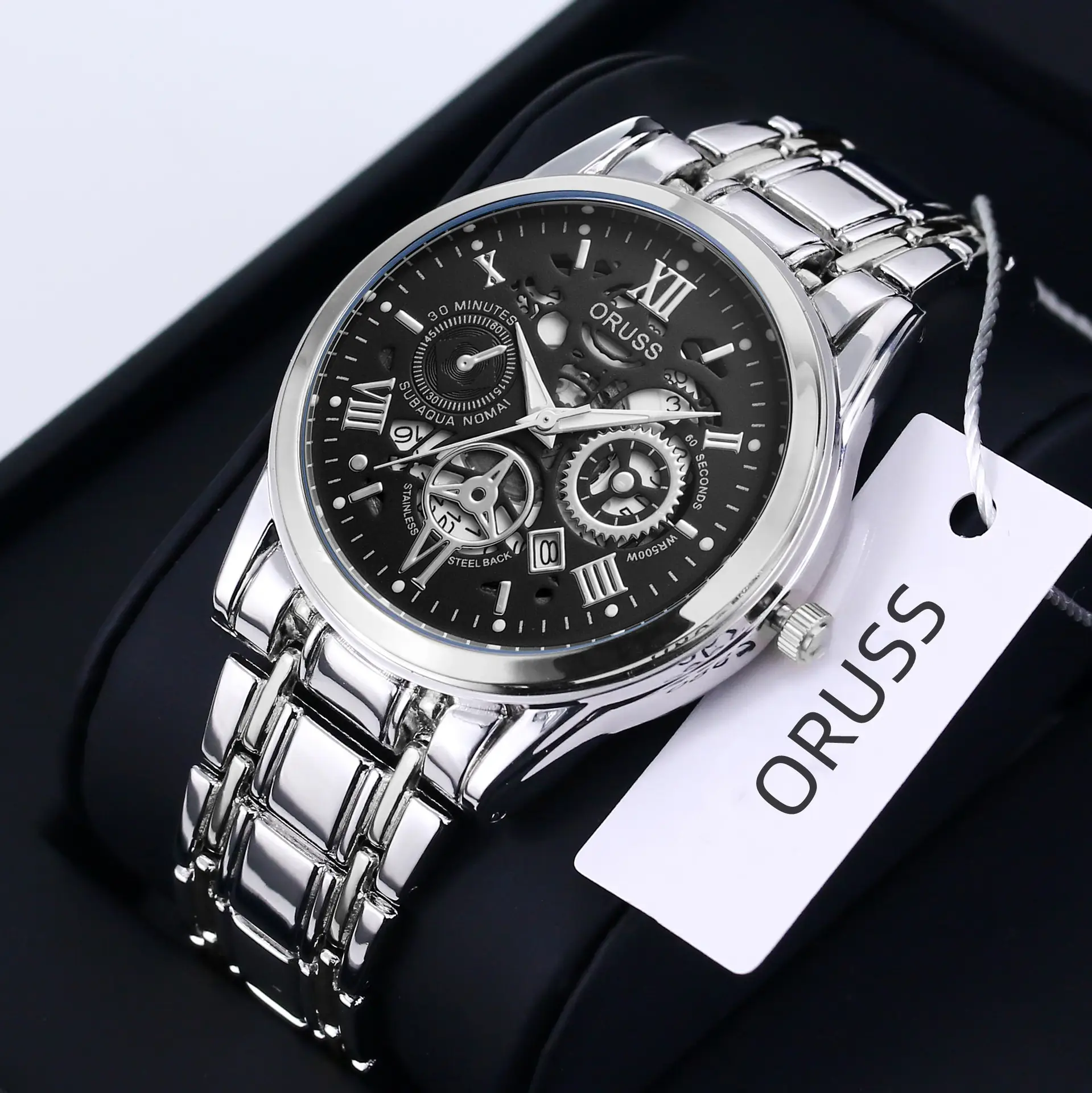 Men's Steel Belt Quartz Watch with Skeleton Design