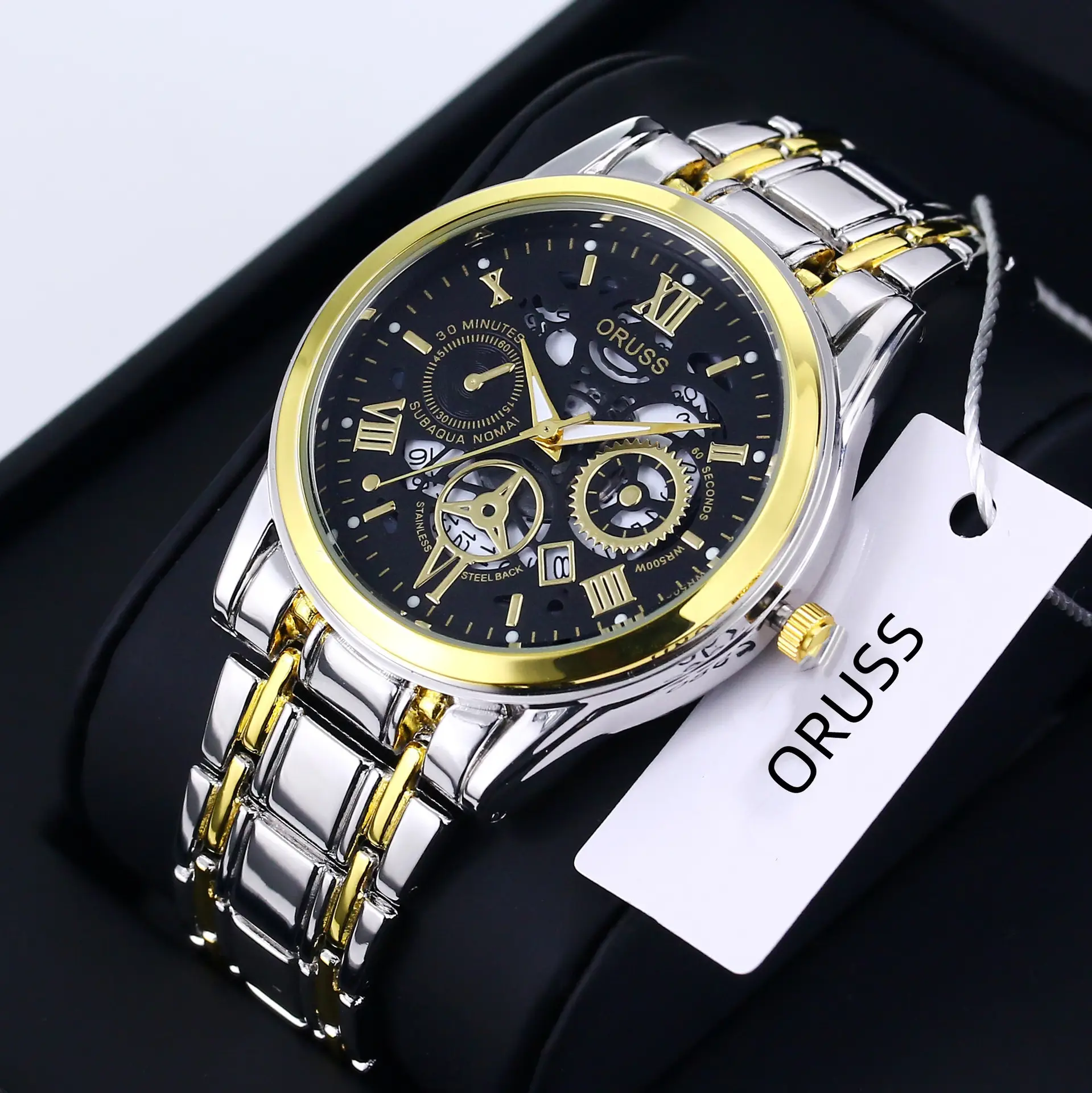 Men's Steel Belt Quartz Watch with Skeleton Design