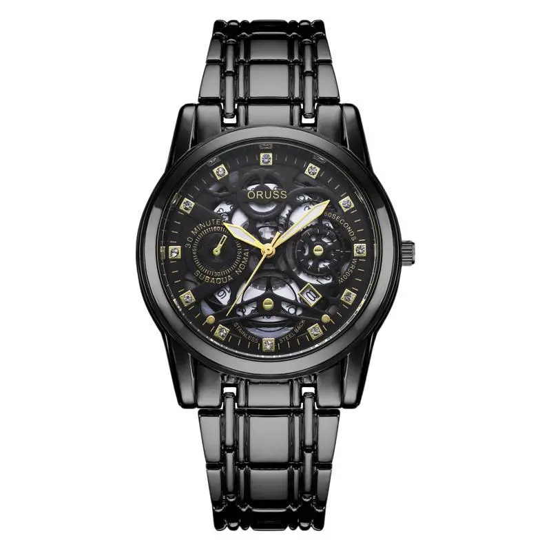 Men's Steel Belt Quartz Watch with Skeleton Design