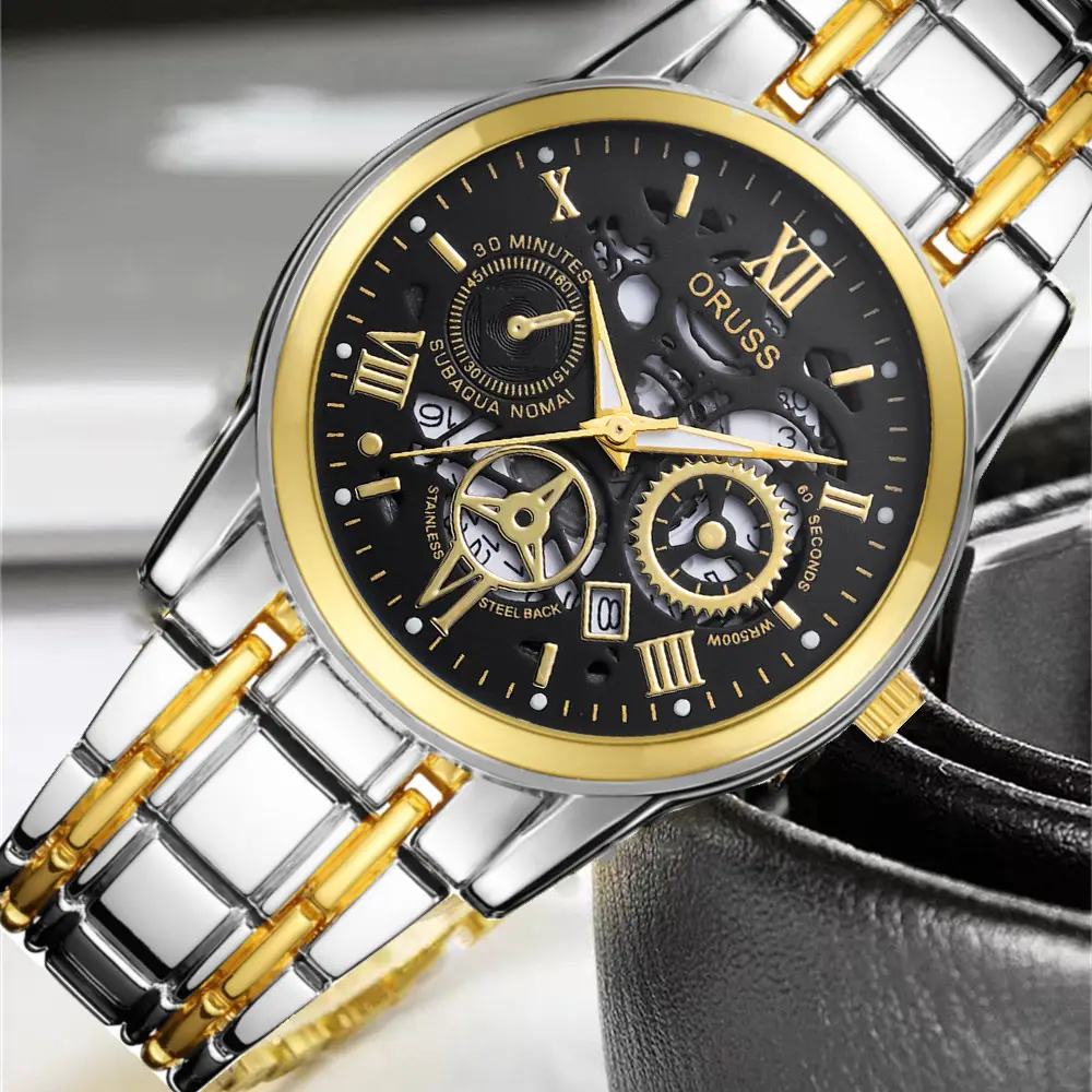 Men's Steel Belt Quartz Watch with Skeleton Design — feature 1