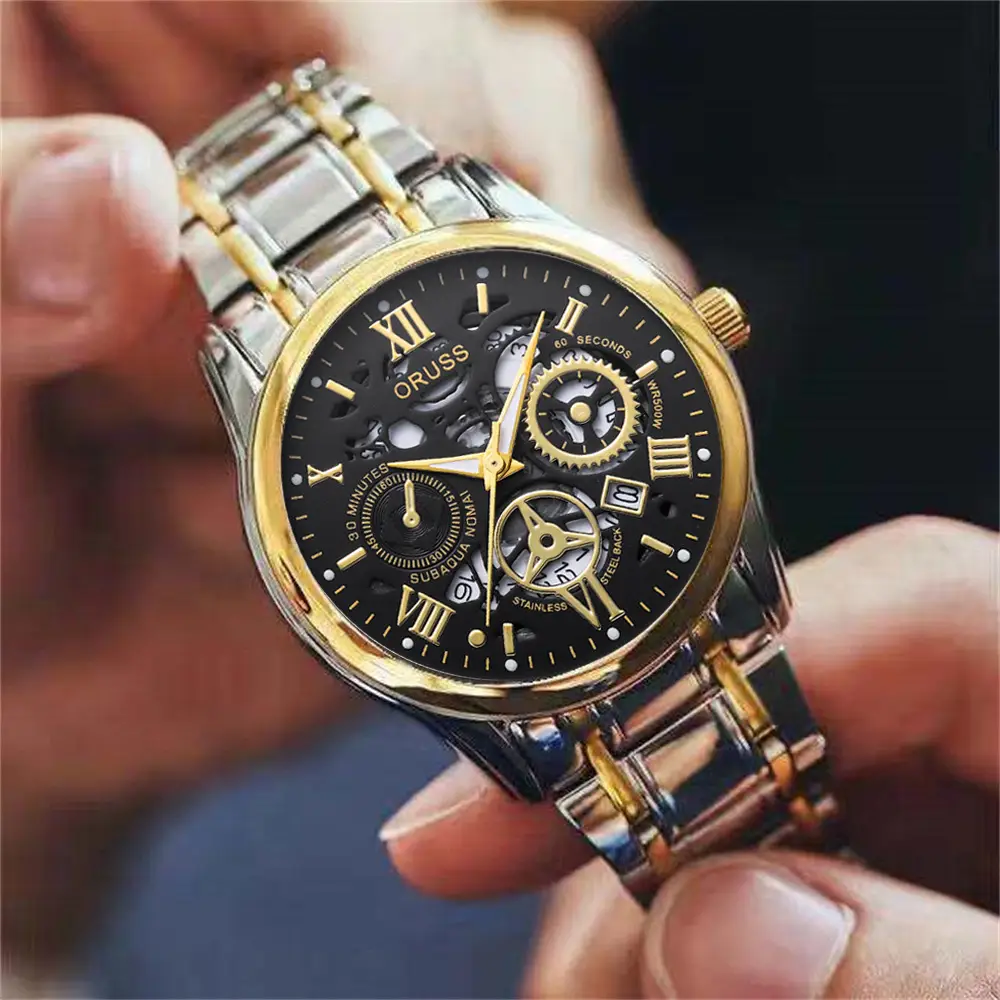 Men's Steel Belt Quartz Watch with Skeleton Design — feature 11