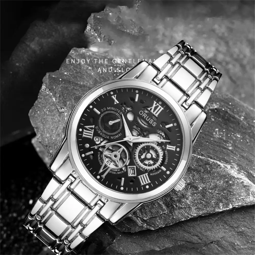 Men's Steel Belt Quartz Watch with Skeleton Design — feature 13