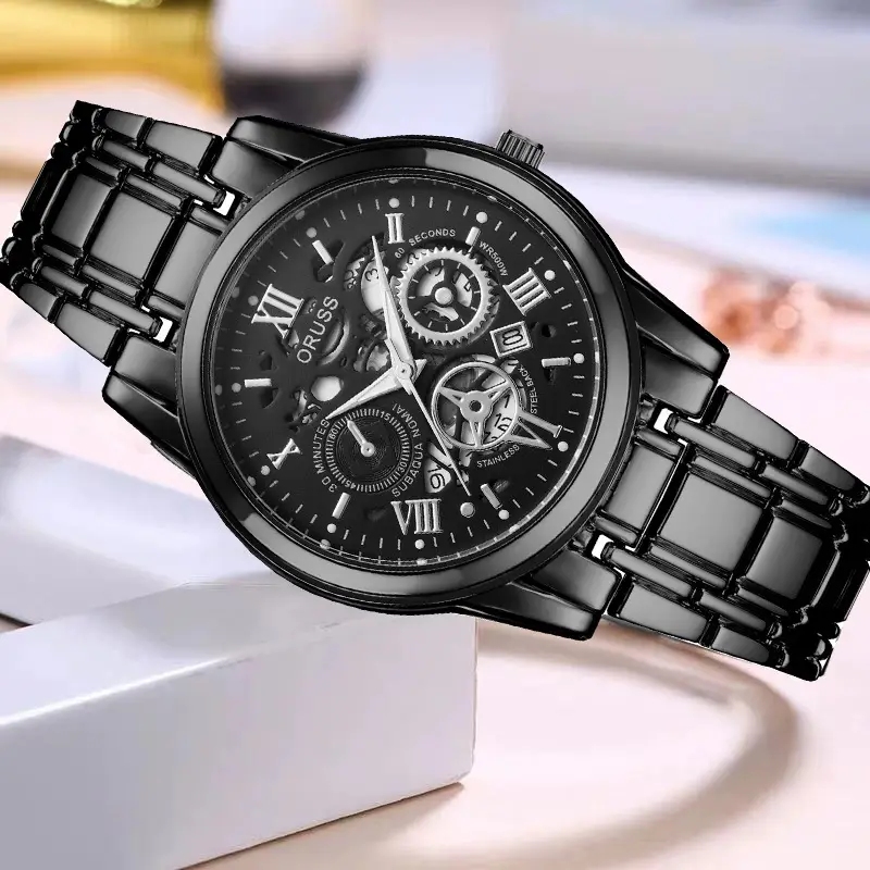 Men's Steel Belt Quartz Watch with Skeleton Design — feature 5