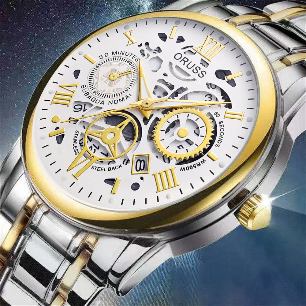 Men's Steel Belt Quartz Watch with Skeleton Design — feature 9