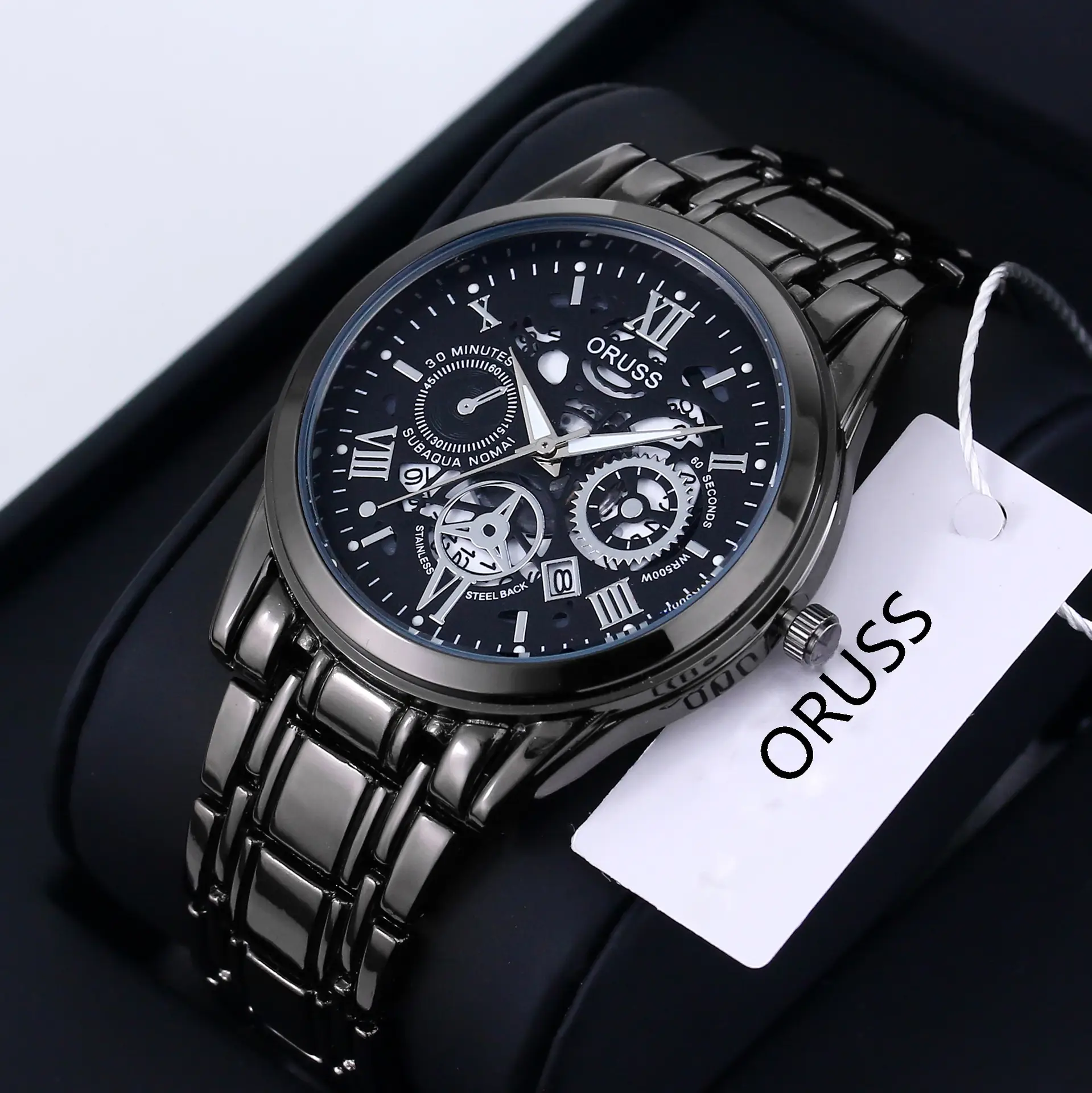 Men's Steel Belt Quartz Watch with Skeleton Design
