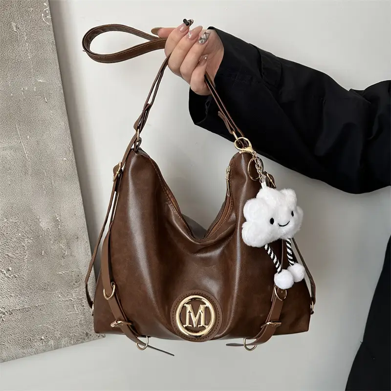 Korean Style Brown Leather Shoulder Bag with Cloud Charm - Image 7