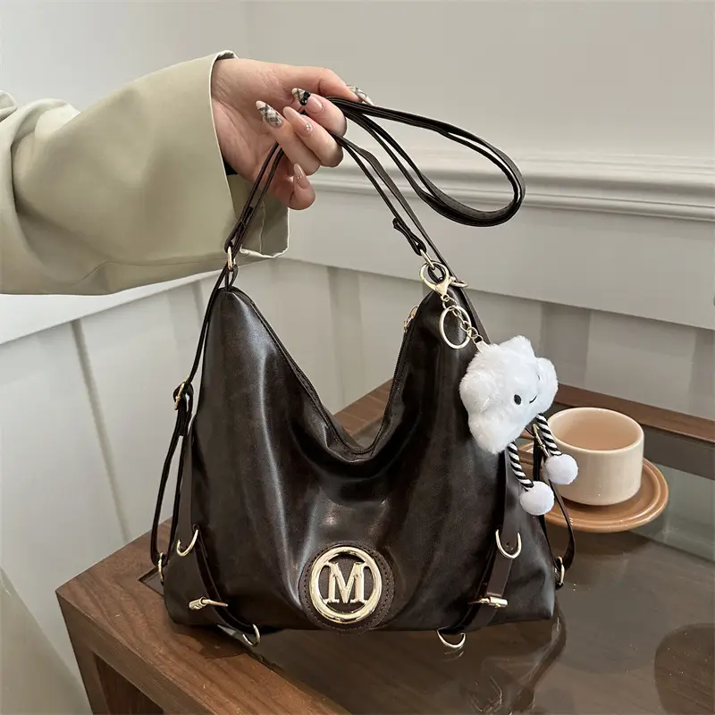 Korean Style Brown Leather Shoulder Bag with Cloud Charm - Image 9