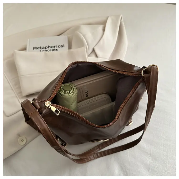 Korean Style Brown Leather Shoulder Bag with Cloud Charm — feature 13