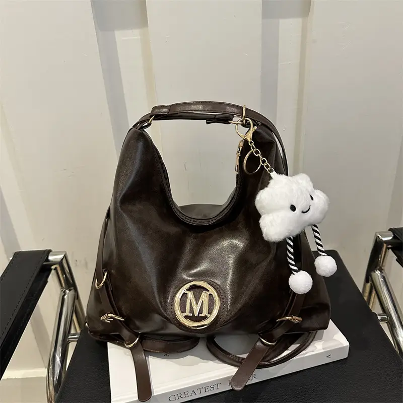 Korean Style Brown Leather Shoulder Bag with Cloud Charm — feature 16