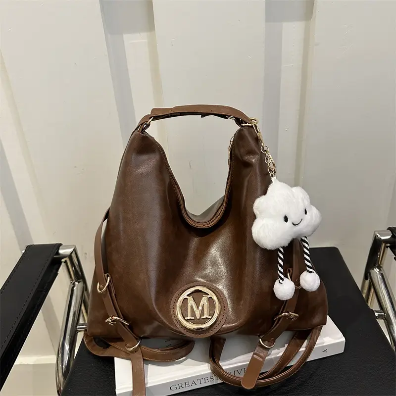 Korean Style Brown Leather Shoulder Bag with Cloud Charm — feature 18