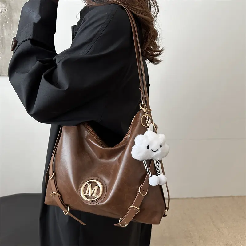 Korean Style Brown Leather Shoulder Bag with Cloud Charm — feature 2