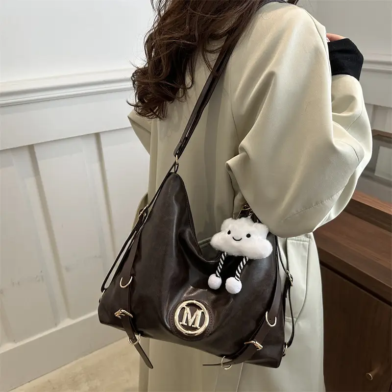 Korean Style Brown Leather Shoulder Bag with Cloud Charm — feature 26