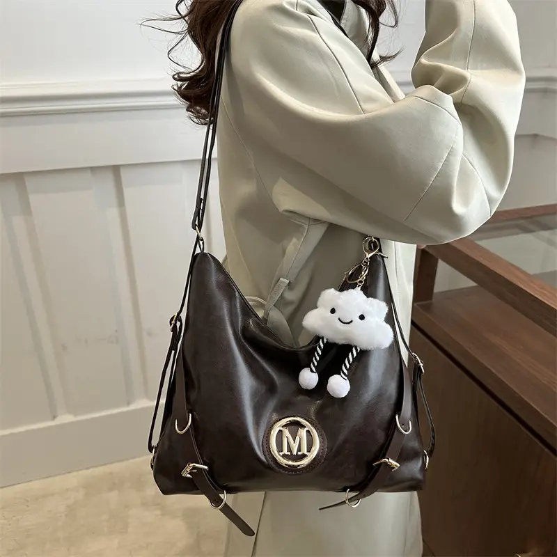 Korean Style Brown Leather Shoulder Bag with Cloud Charm — feature 27