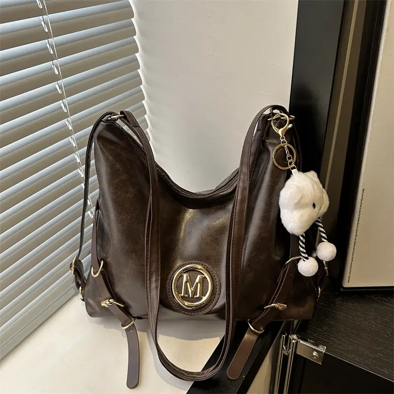 Korean Style Brown Leather Shoulder Bag with Cloud Charm - Image 6