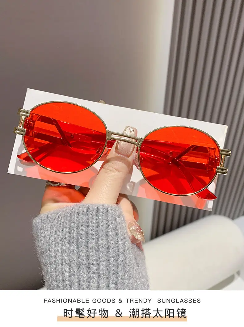 Oval Sunglasses Women Retro Metal White Sunscreen — feature 11