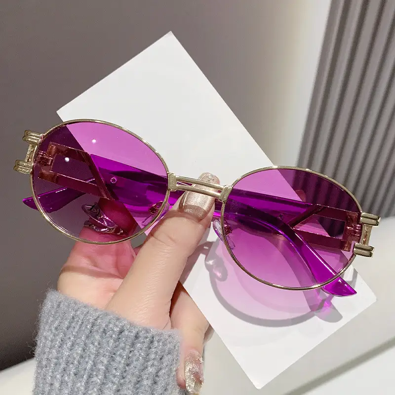 Oval Sunglasses Women Retro Metal White Sunscreen - Image 2