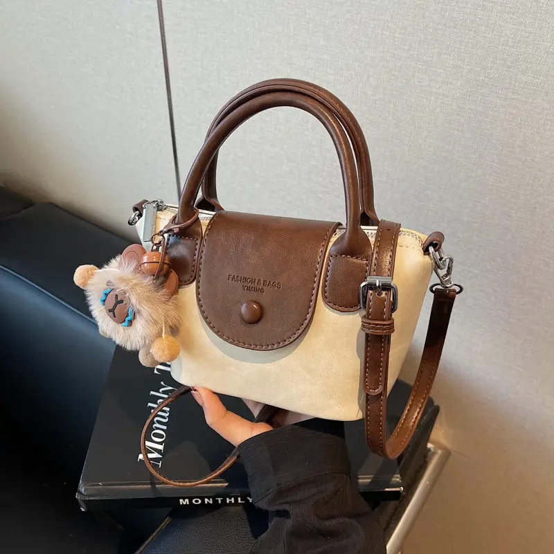 Women's Black Leather Shoulder Bag with Cute Pom Pom Charm - Image 5